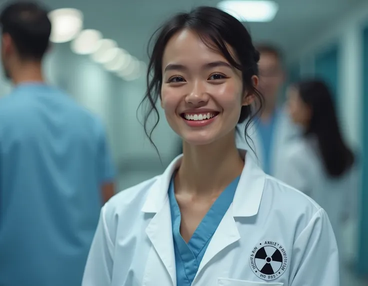 a happily smiling person wearing a radiology coat that is realistic and has the symbol of radiology on the lab coat 