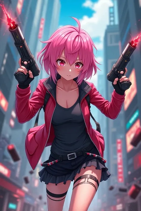 Pink-haired female character with bombs and explosives in anime style 