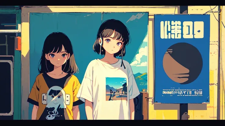 ((cowboy shot)), (lo-fi, retro, pale color, low contrast), (1girl, black hair, black eyes, t-shirt, headphone), (summer sky, wall with Japanese posters), (dreamy atmosphere, nostalgic)