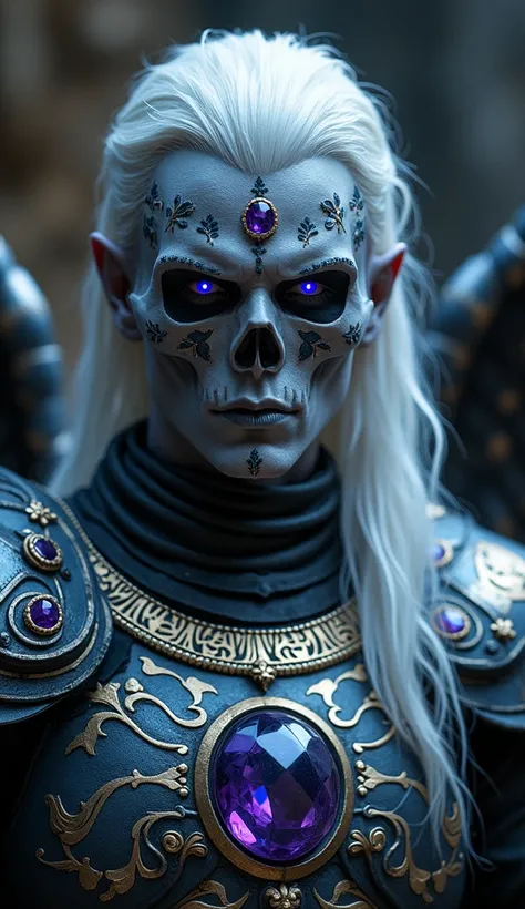  God of DeathFace :  His face has a supernatural serenity ,  with amethyst-colored eyes that seem to see through time .  He has a greyish skin ,  soft and almost iridescent ,  with gold and dark blue marks that are engraved They look as if they were decora...