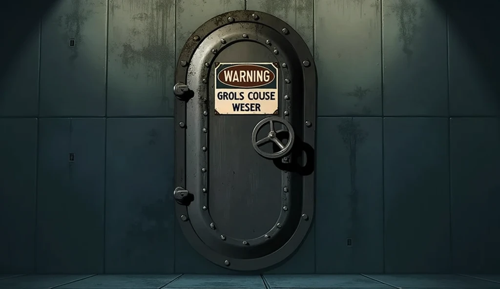 a door with a sign, set in bank vault room, door to lab, warning, sewer background, secret underground lab, shocking, open bank vault, open vault, random background scene, underground room, dungeon background, door in concrete wall in the dark, darkness, f...