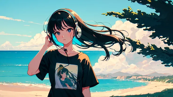 ((cowboy shot)), (lo-fi, retro, pale color, low contrast), (1girl, black hair, black eyes, t-shirt, headphone), (summer sky, hill overlooking the sea in the distance), (dreamy atmosphere, nostalgic)