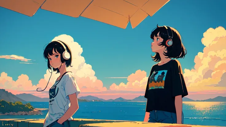 ((cowboy shot)), (lo-fi, retro, pale color, low contrast), (1girl, black hair, black eyes, t-shirt, headphone), (summer sky, hill overlooking the sea in the distance), (dreamy atmosphere, nostalgic)