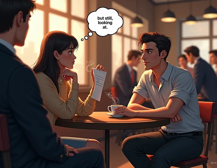  A man and a woman are seated at a coffee table ,  a thought bubble floats with the phrase , But still, looking at .  wooden tables and other people in the background talking ,  both with expressions of mild distrust , watching him intently,  she raises a ...