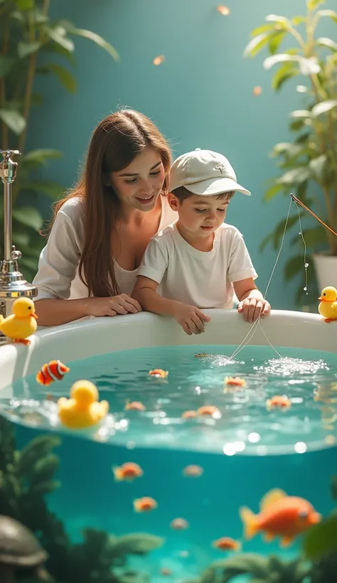 A three-year-old boy in a white t-shirt and a white cap is fishing with his mother from a luxury bathtub that has many small fish, one Nemo fish, one turtle, and three small ducklings in the tub.