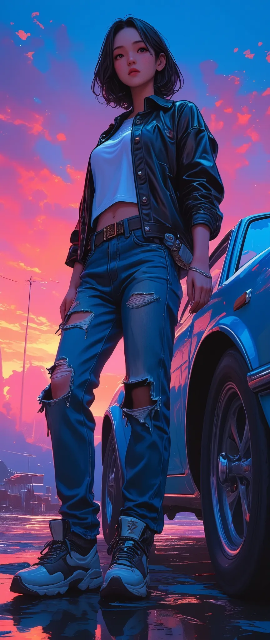 anatomically correct , plan general,    full body  ,   woman in broken jeans standing next to a car ,  gta v , style ross tran, ...