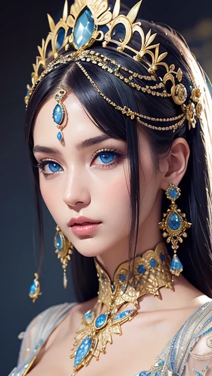 Medium long shot of a woman with striking blue eyes, wearing an elaborate silver headdress adorned with intricate designs and gold accents. She has a smooth complexion and full lips, complemented by a form-fitting, intricately patterned metallic bodice tha...