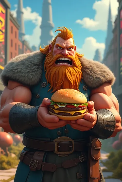  A blond Viking in war clothes like Viking Magnus eating hamburgers in animation 