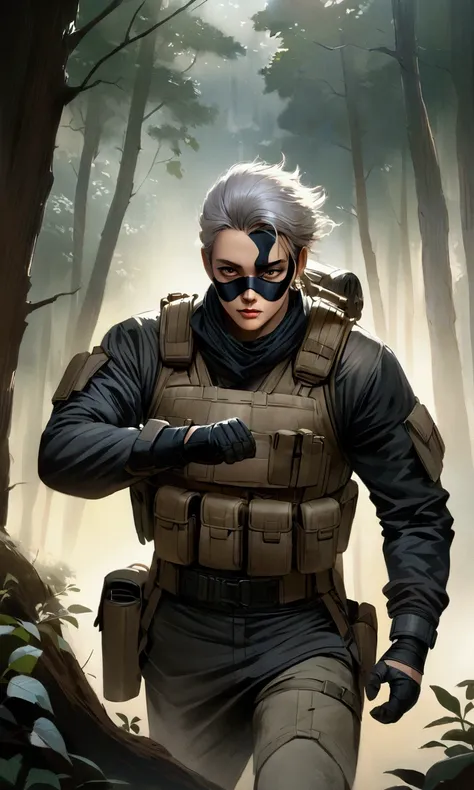 A character with spiky silver hair and a calm, intense expression in one eye while the other is covered by a forehead band. His face is partially covered with a dark mask, and he wears a tactical vest with pouches and protective gear. The background is a m...