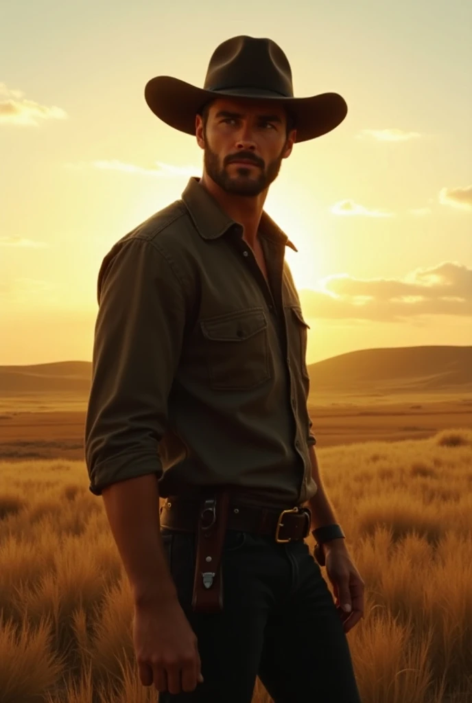 ((ultra detailed, masterpiece, best quality))
Chris Hemsworth , solo, short hair, Amidst a prairie landscape, wide-brimmed hat, the golden hour sunlight bathing the open range, standing tall with a hand on a holstered revolver