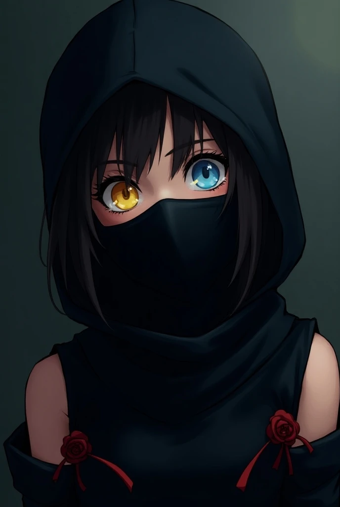 Ninja woman with her face covered her eyes bare a yellow eye a blue eye black clothes with animated red