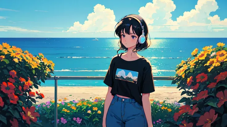 ((cowboy shot)), (lo-fi, retro, pale color, low contrast), (1girl, black hair, black eyes, t-shirt, headphone), (summer sky, flower garden with a view of the sea in the distance), (dreamy atmosphere, nostalgic)