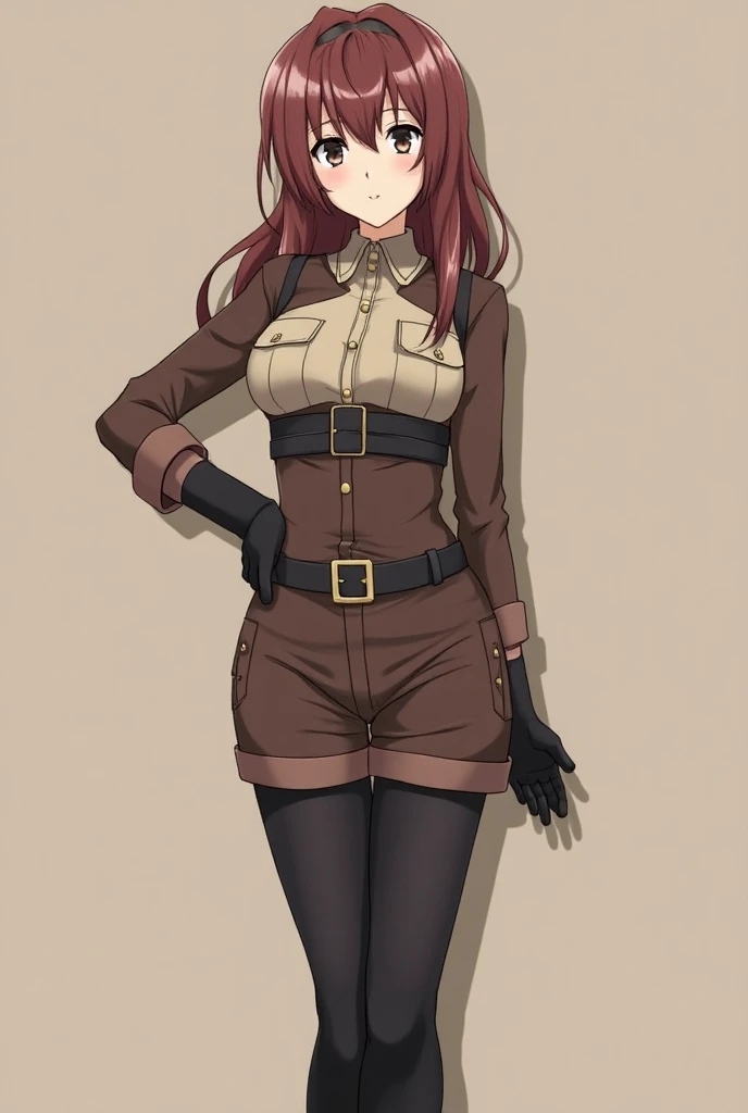  womens uniform based on the anime SNK ,  with a sensual look no pants , with dark brown short shorts ,  high black stockings above the knees ,  long sleeve shirt from the original SNK uniform with black high boots,  and belts in uniform ,  and knuckle-fre...