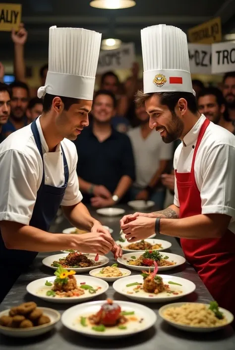 Imagine Cristiano Ronaldo and Lionel Messi as rival chefs in a heated cooking competition! Ronaldo, with his serious expression, is elegantly plating a perfectly symmetrical dish with precise, football-inspired garnishes, while Messi, wearing a playful gri...