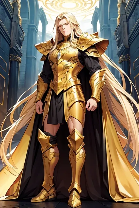  The image presents a young man with long blond hair ,  dressed in golden armor with intricate details . The armor covers his entire body,  from the neck to the feet ,  and has a complex design with plates and reliefs .  The character has closed eyes and a...