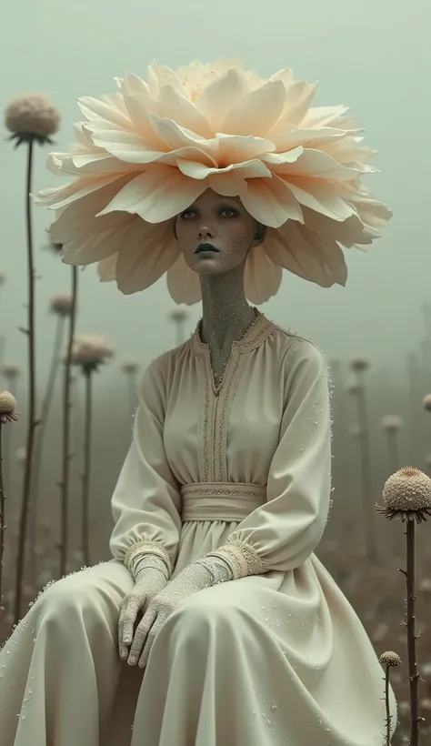 winter themed vintage photograph of a surreal and beautiful long necked , there are icy crystals covering her outfit, she is sitting in a large neutral coloured muted flower that covers the left part of her face and is behind her head encasing her, colours...