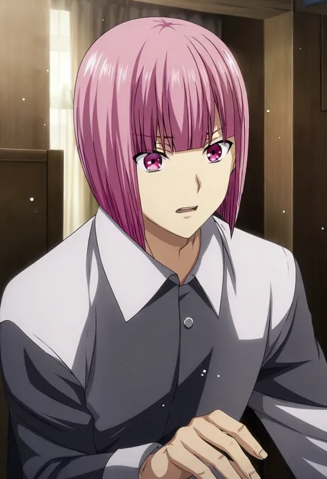 1boy, pink hair, bobcut hairstyle, pink eyes, CG