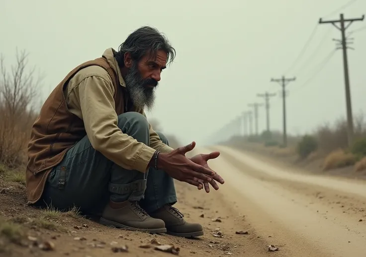 A poor man beside road . nobody help him