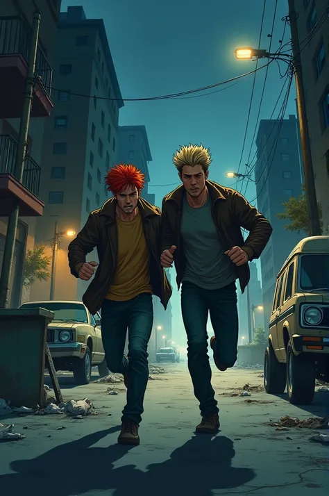 A red-haired young guy and a blond young guy run away through the city at night from the viewer. Theyre scared  