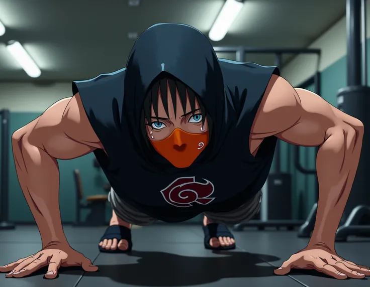 Toby  (obito)  from the Akatsuke clan does push-ups at the gym