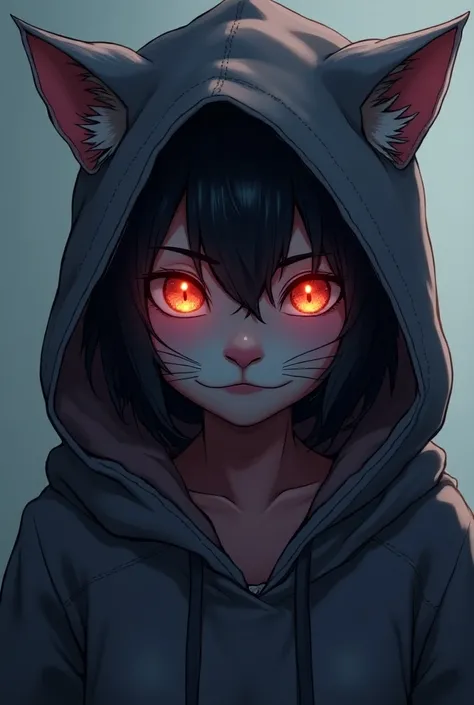 a close up of a person wearing a hoodie with a cat face, anime cyberpunk art, cyberpunk anime girl in hoodie, digital cyberpunk anime art, digital cyberpunk - anime art, cyberpunk anime girl mech, anime style 4 k, metal and glowing eyes, cyberpunk anime gi...