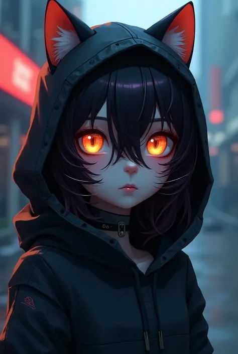 a close up of a person wearing a hoodie with a cat face, anime cyberpunk art, cyberpunk anime girl in hoodie, digital cyberpunk anime art, digital cyberpunk - anime art, cyberpunk anime girl mech, anime style 4 k, metal and glowing eyes, cyberpunk anime gi...