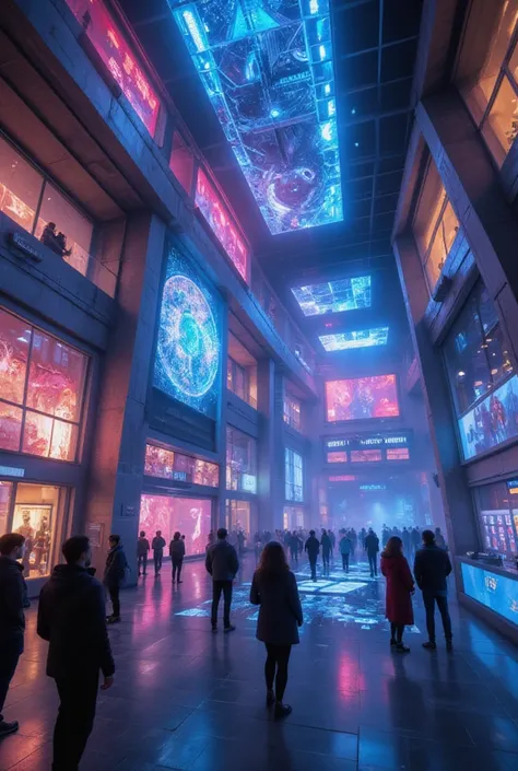 A futuristic indoor scene in a Cyber World, showcasing a vibrant Graphics Museum filled with interactive digital art and holograms, sleek architecture with neon lights, and diverse visitors exploring the exhibits, high detail, colorful, dynamic lighting, c...