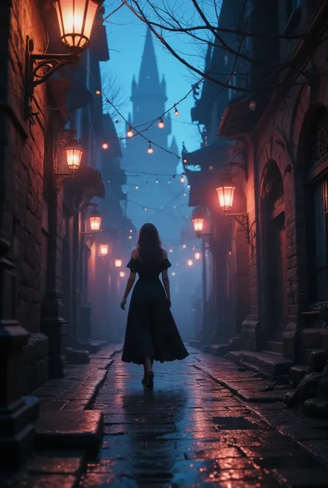 a mysterious alley in a fantasy world, a girl walking alone, moonlight, neon lights, lanterns, glistening rain puddles, detailed architecture, cobblestone streets, eerie atmosphere, cinematic lighting, vibrant colors, dramatic shadows, mysterious and moody...