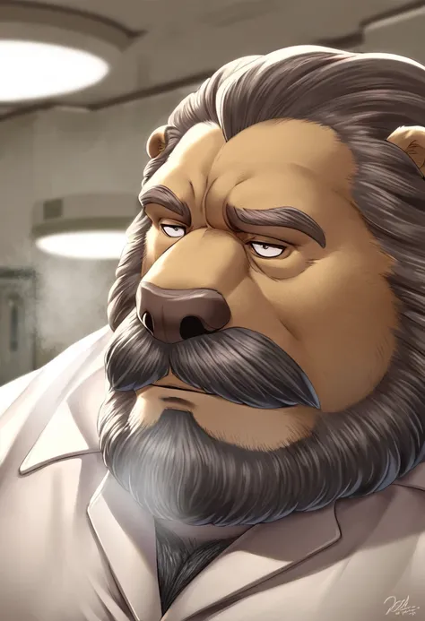 Naked fat lion, personification, mature man, strong man, thick beard, cold expression, minimized pupils, brown eyebrows, the era of steam, hospital office. Eye details, nsfw.