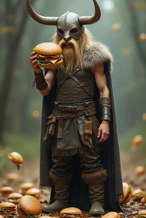  Skinny blond Viking in war clothes eating hamburgers with mask Viking horn animation 
