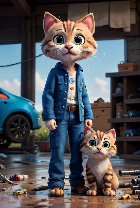 Struggling Mechanic Kitten: A fluffy brown kitten, standing upright in an oversized blue mechanics uniform, holding a tiny wrench in an automotive garage soaked by rain. The kitten is surrounded by miniature tools and toy cars, looking down with a tired, p...