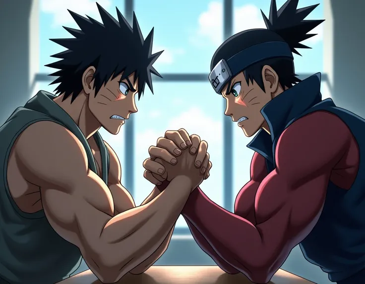 Sasuke and Itachi armwrestling at the gym