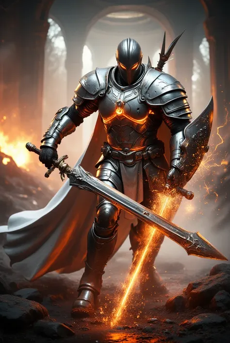 unreal engine, a full armor mecha paladin, he wear a white knight armor with glittering orange neon light and white cloak, he ho...