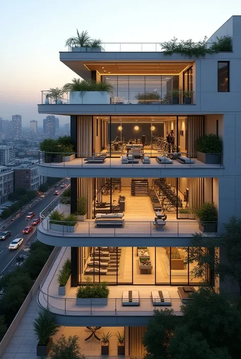 A three-story gym with a terrace