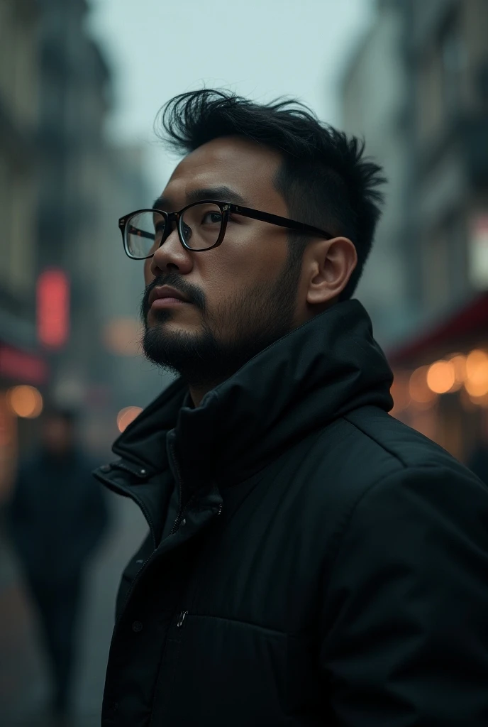 CREATE A REALISTIC PICTURE OF AN INDONESIAN MAN WITH A HANGING FACE, WEARING GLASSES STANDING IN THE MIDDLE OF A DEEP CITY, LOOKING FAR AHEAD WITH A SERIOUS FACE, THE ATMOSPHERE OF THE CITY IS FULL OF MYSTERY,