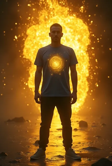 A man dressed in a blue t-shirt and black pants stands up and has a golden portal around his navel from which a river of golden waves emerges