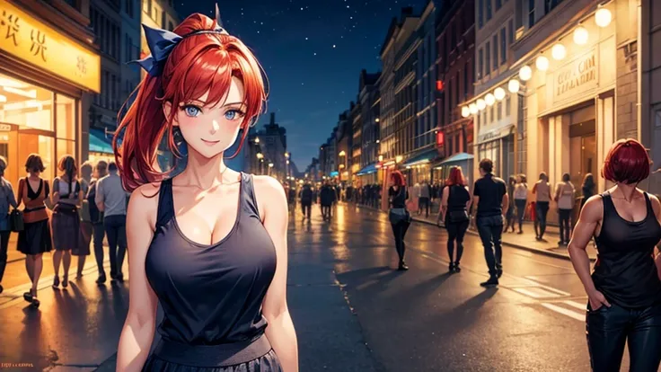 1girl, ((mature girl)), solo, summer, street, night, lights, red hair, ponytail, large full breasts, dark blue eyes, ((blue tank top)), cleavage, skirt, smile, looking at the viewer, standing, hair ribbon, golden necklate