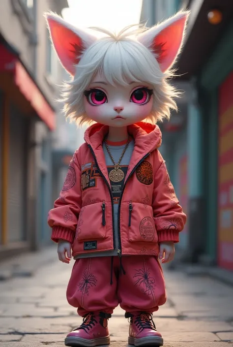  full body image manga and realistic ,  of a boy half human and half feline , with white hair, magenta pink eyes ,  of thin and short physical size ,  with a serious face representing intellect ,  wearing ,  and wearing street dance clothes in the colors p...