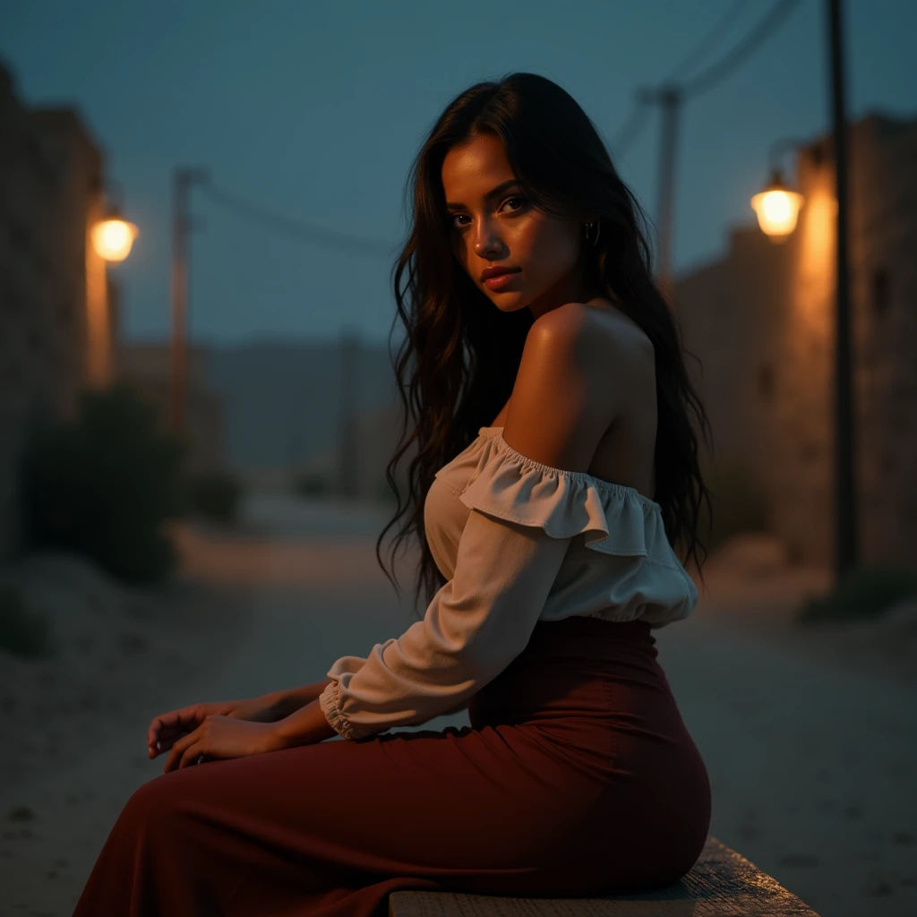 (photorealism:1.2), beautiful curvy woman, her early twenties, tanned skin, an hourglass body shape, sitting on a bar bench, wearing off shoulder blouse and a long skirt, long hair, her face slightly covered by her hair, night lighting, desert street backg...