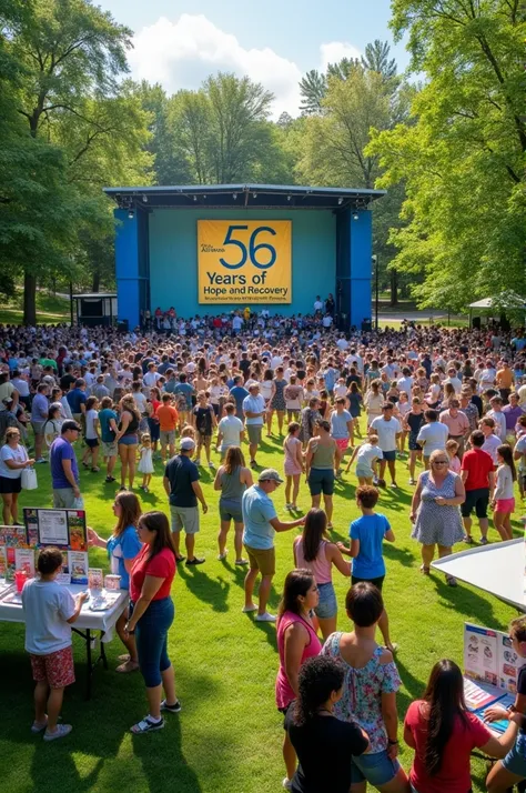 **Photograph of an outdoor event **:  A park filled with members of Al-Anon ,  celebrating together with recreational activities .  There is a stage with a large sign that reads  " Celebrating 56 Years of Hope and Recovery ",  surrounded by tables with inf...