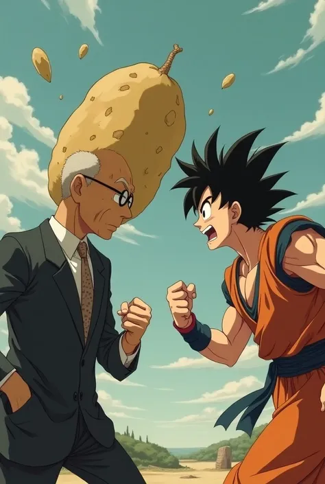 A potato hits Shadow Professor while Goku fights with Saitama