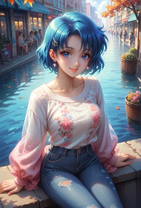 score_9, score_8_above, score_7_above,  Ami Mizuno from the anime Sailor Mercury Naoko Takeuchi style adult anime woman,  wavy king blue short hair , incredibly beautiful clothes,  sexy and erotic a beautiful 25 year old woman , her blue eyes , beautiful, ...