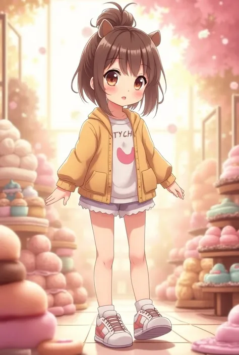 Moe anime girl 　Full body image　young and cute face　Full body image　My hair is long, bun head 　 I wear casual clothes, thick soled sneakers　The background is sweets