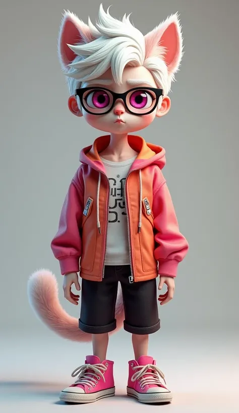 Realistic 3d style full body image, Of a young man,  half human and half feline , with white hair, magenta pink eyes , Skinny physical size ,  with a serious face representing intellect ,  wearing prescription glasses,  and wearing street dance clothes in ...