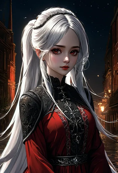 cinematic lighting, detailed facial features, highly detailed, digital painting, elegant, intricate details, gothic aesthetic, white hair, ponytail, red gothic dress, intense gaze, dramatic eclipse background, (best quality,4k,8k,highres,masterpiece:1.2),u...