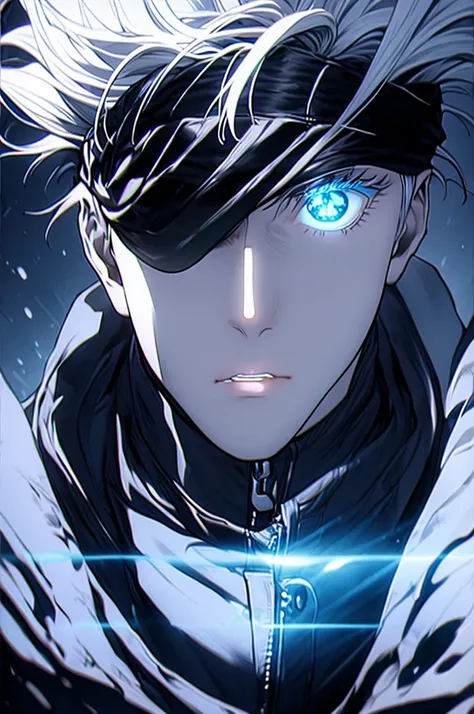 (looking at viewer:1.2) (full body) 1boy, Gojo Satoru, standing, hands in pockets, blue eyes, detailed pupils, colored eyelashes, blindfold, hair between eyes, white hair, short hair, parted lips, muscular, high collar, black jacket, black pants, glow, Abs...