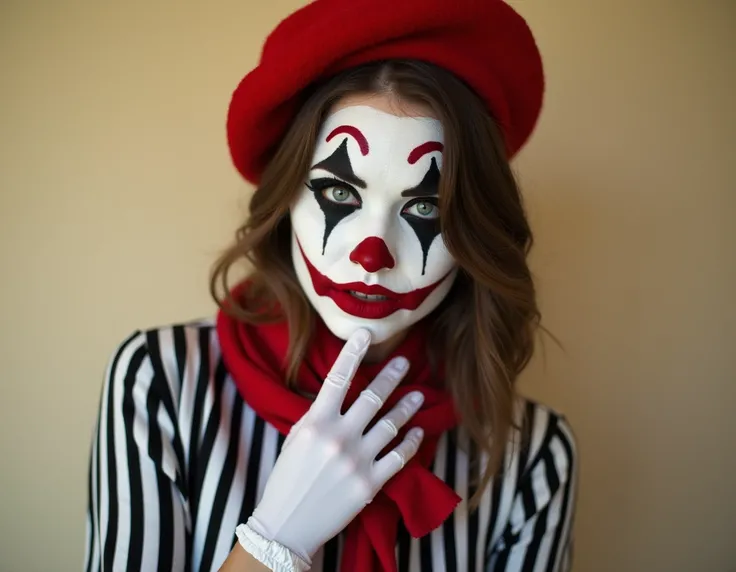 Close-up portrait of a young beautiful woman dressed up as a clown. she is wearing a black and white striped shirt with a red scarf tied around her neck. she has a red beret on her head and a pair of white gloves on her left hand. her face is painted white...