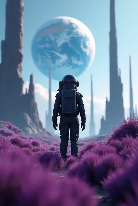 a high-quality astronaut in a sleek black spacesuit, looking up at towering structures, hovering over tall purple grass, with the blue Earth as the backdrop, photo-realistic, cinematic lighting, highly detailed, intricate, stunning, dramatic atmosphere