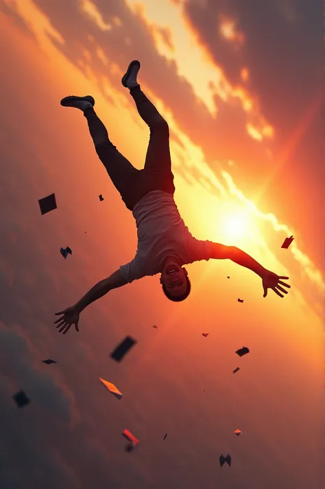 A man falling at -180 degrees with a sunrise from the background with objects around him