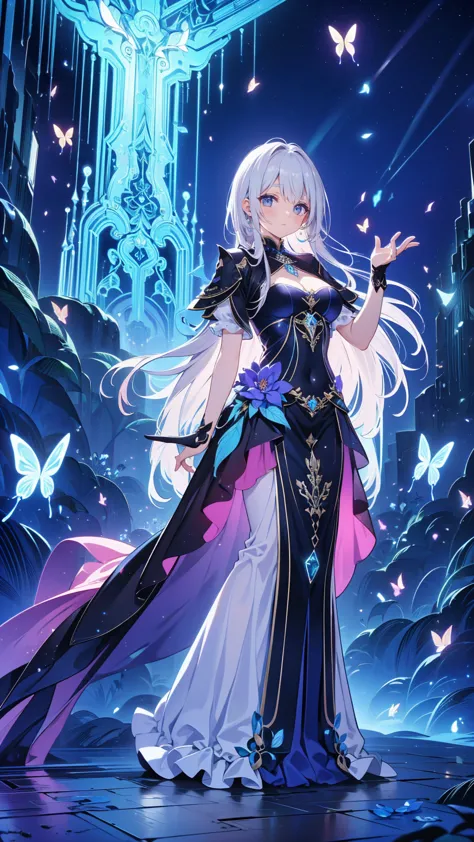 masterpiece, best quality, super detailed, vivid,  the silver-haired young woman is dark ,  ornate cloak adorned with glittering...